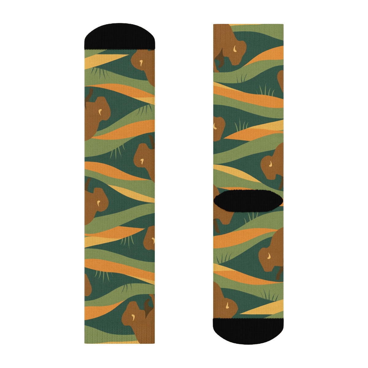 Prairie Landscape Wrap With Bison In Sunset Ochre unique graphic crew socks