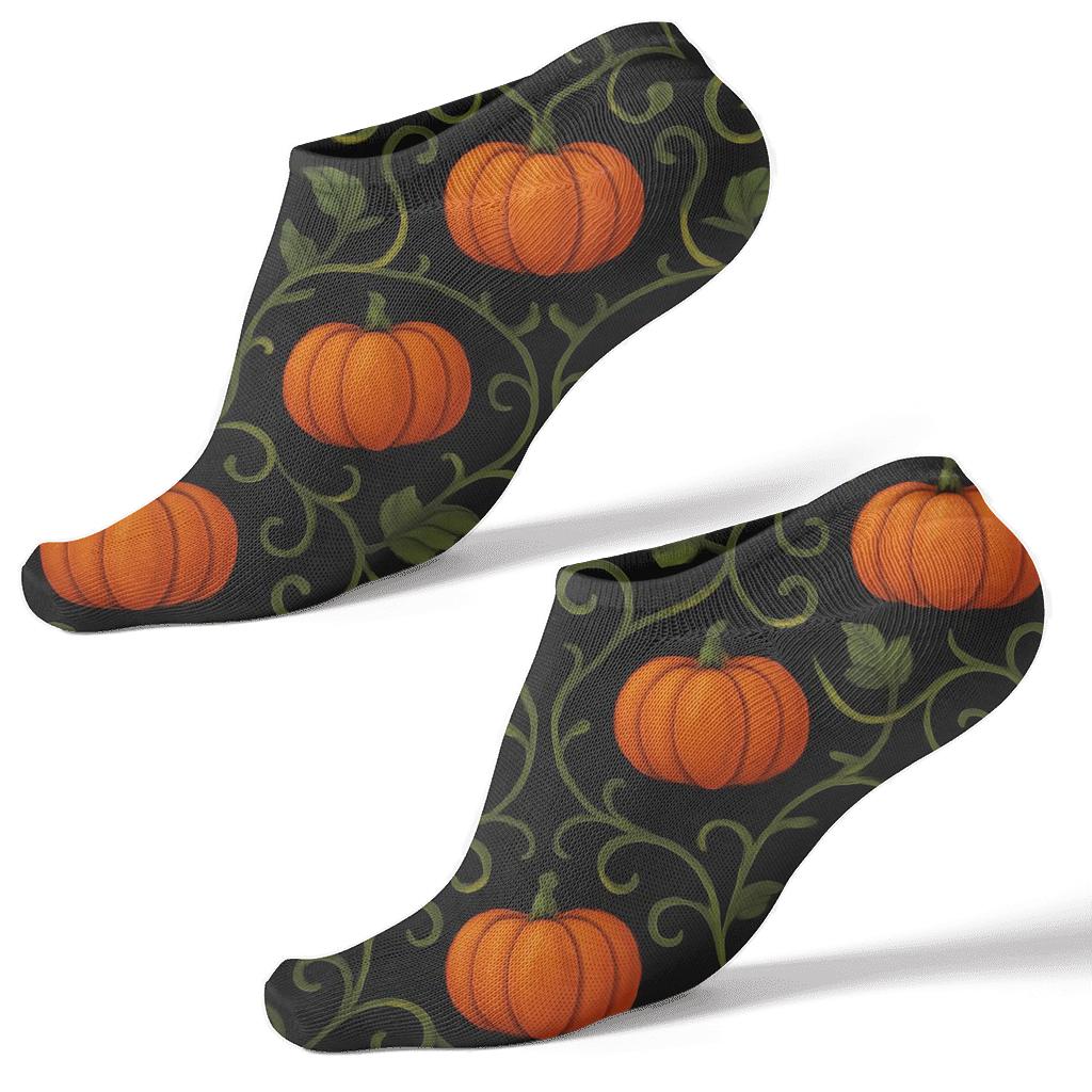 Orange Pumpkin Vine Lattice On Black Background personalized ankle socks