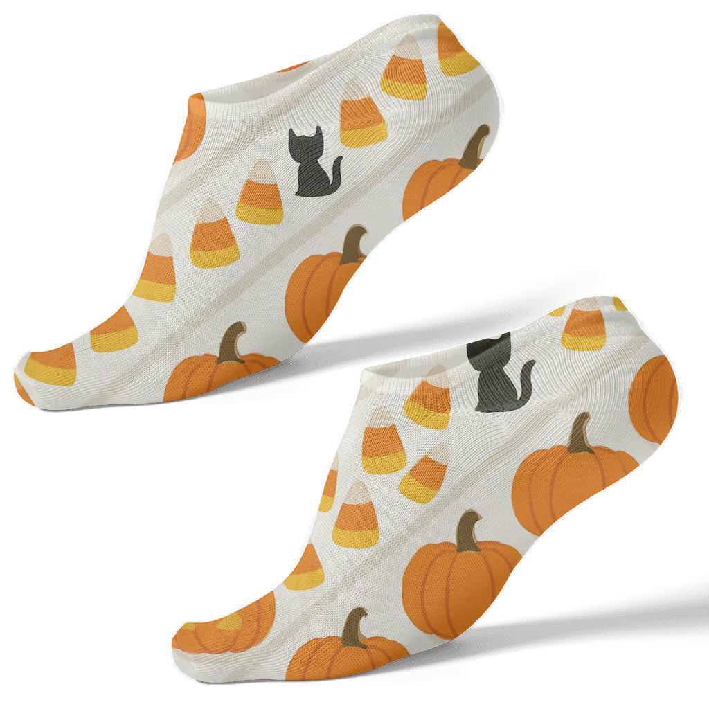 Candy Corn Chevron With Pumpkins On White Background designer print ankle socks