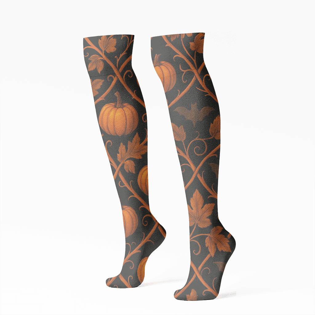 Pumpkin Vine Lattice With Bats On Black Background custom knee-high socks