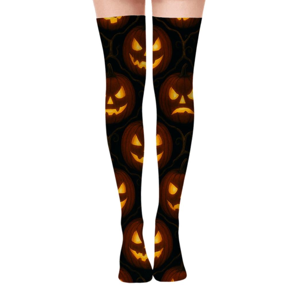 Glowing Pumpkin Tessellation On Black Background trendy patterned over-the-knee socks