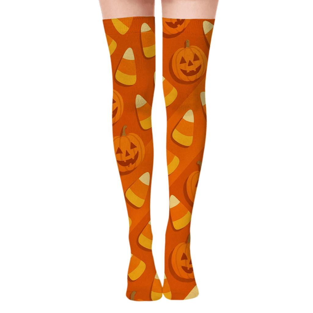 Diagonal Candy Corn And Pumpkin Stripe On Orange Background unique graphic over-the-knee socks
