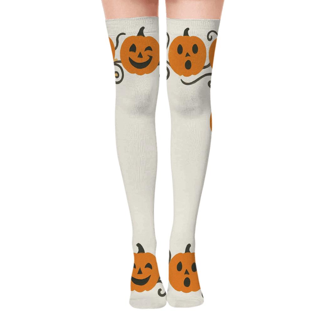 Jack O Lantern Wave Border On White Background unique graphic over-the-knee socks