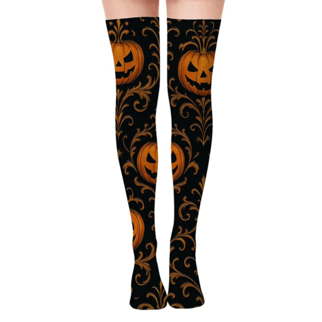 Jack O Lantern Damask On Black Background soft everyday over-the-knee socks