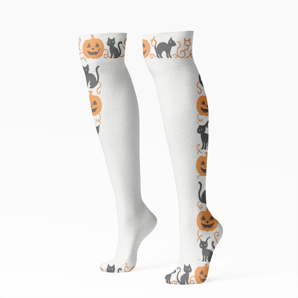 Jack O Lantern Border Repeat On White Background unique graphic knee-high socks