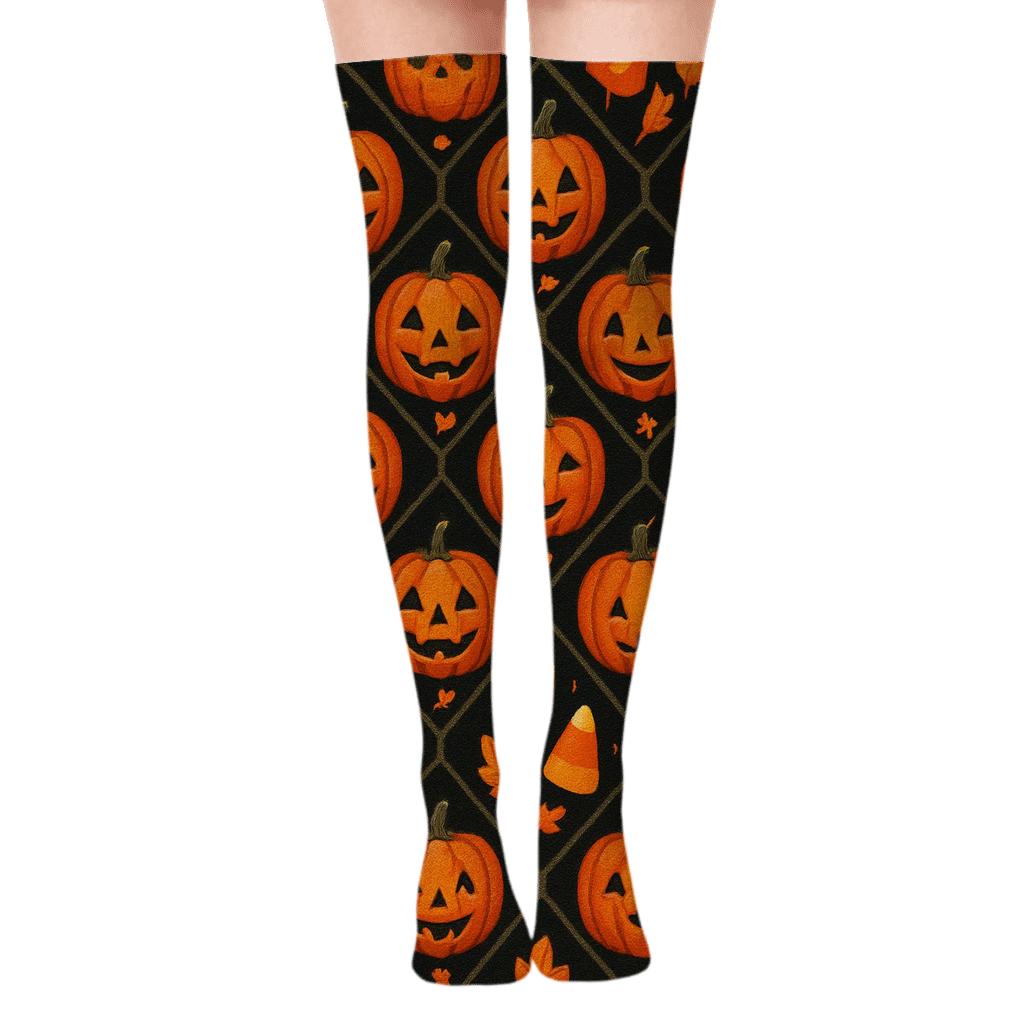 Glowing Pumpkin Hex Tile On Black Background designer print over-the-knee socks