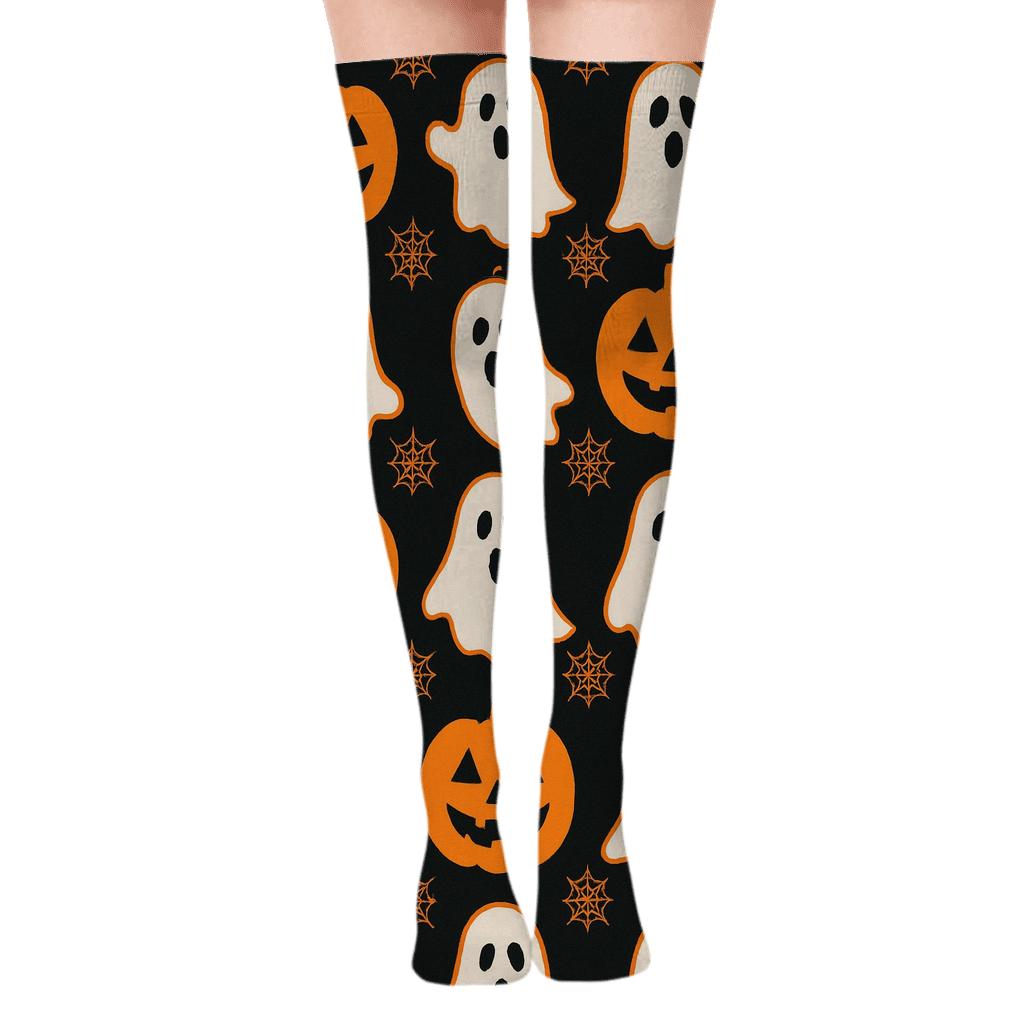 Ghost And Pumpkin Alternating Grid On Black Background soft everyday over-the-knee socks