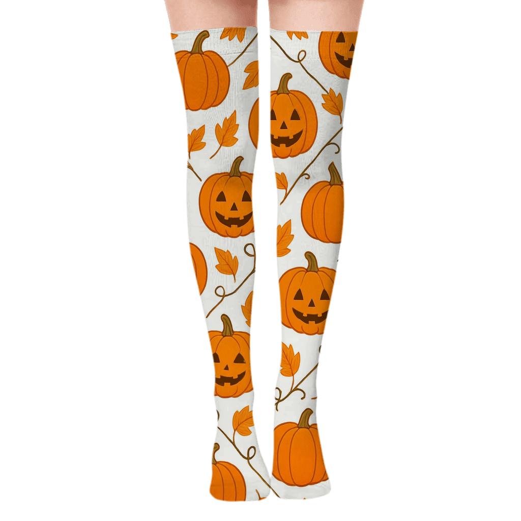 Pumpkin Vine Lattice On White Background designer print over-the-knee socks