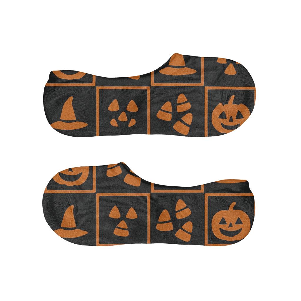 Halloween Tile Mix On Black Background designer printed no-show socks