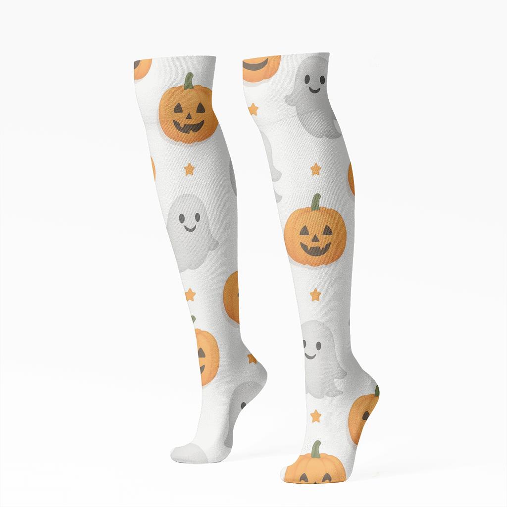 Ghost And Pumpkin Alternating Grid On White Background soft everyday knee-high socks