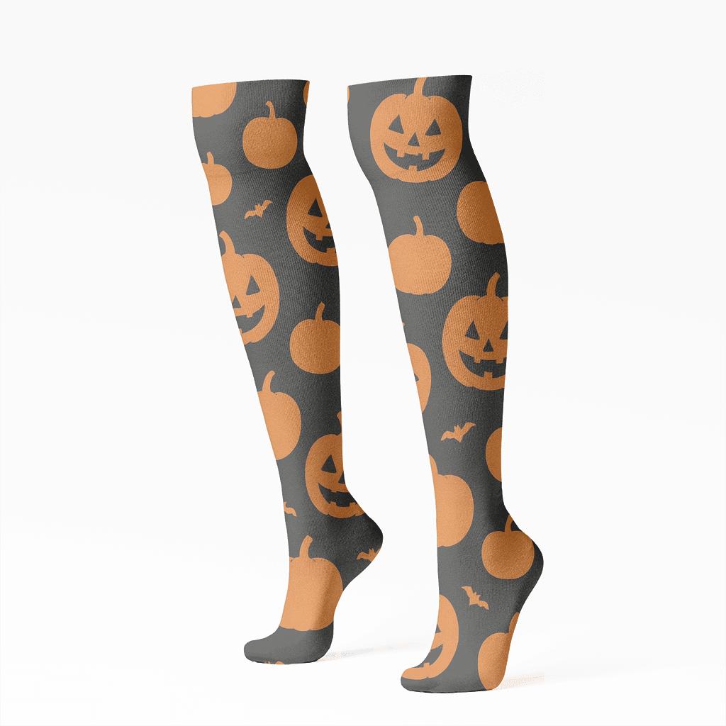 Pumpkin Silhouette Scatter On Black Background custom knee-high socks