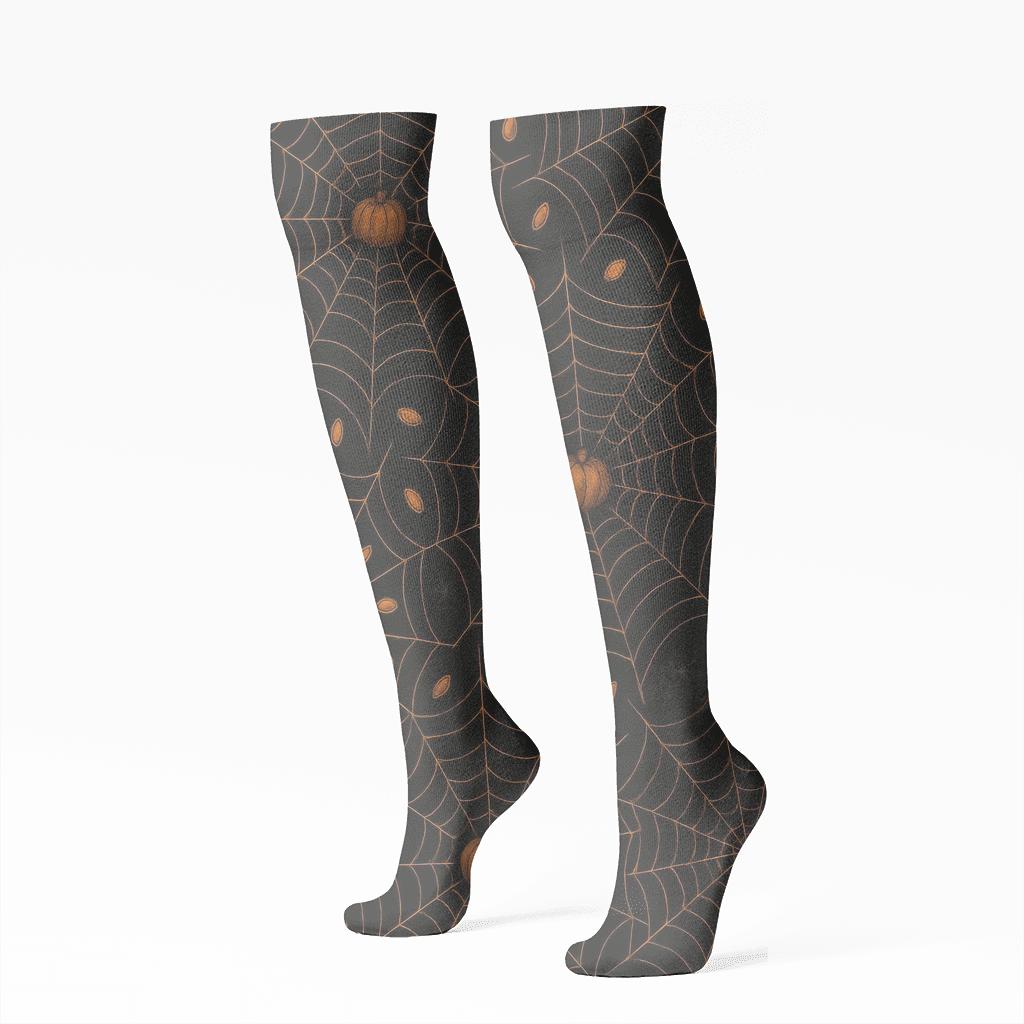 Spider Web Overlay With Pumpkin Pips On Black Background stylish athletic knee-high socks