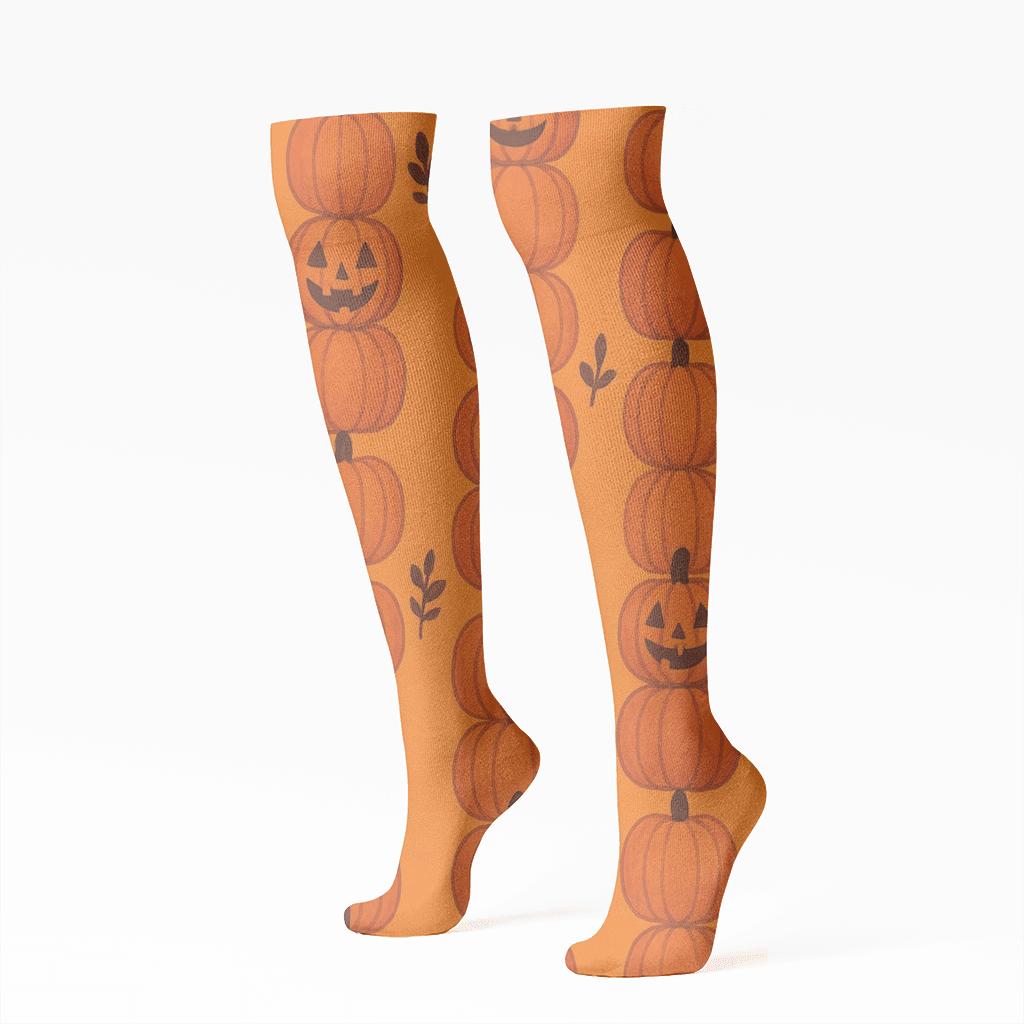 Stacked Pumpkin Vertical Repeat On Orange Background trendy patterned knee-high socks