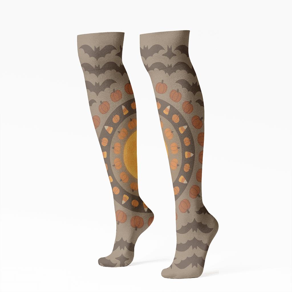 Harvest Moon Radial With Bat Borders On Taupe Background designer print knee-high socks