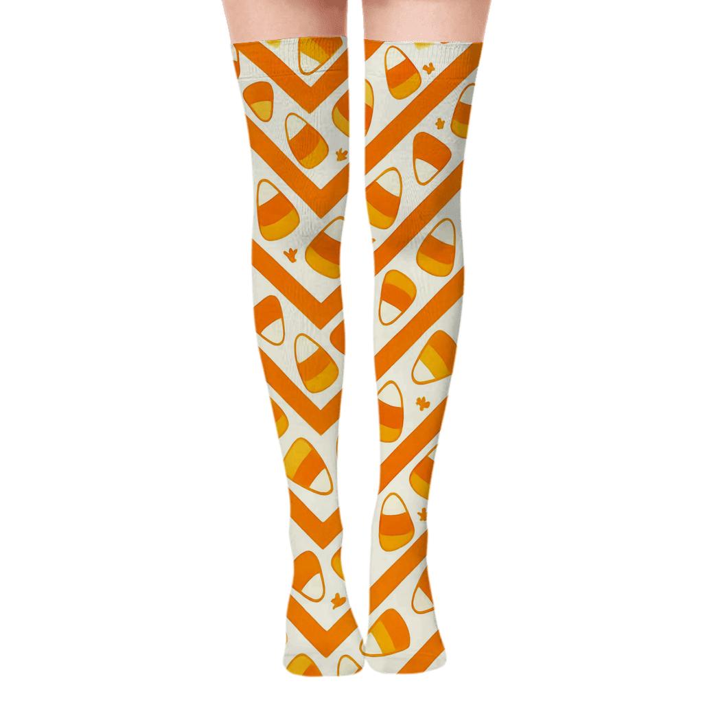 Candy Corn Chevron On White Background personalized over-the-knee socks