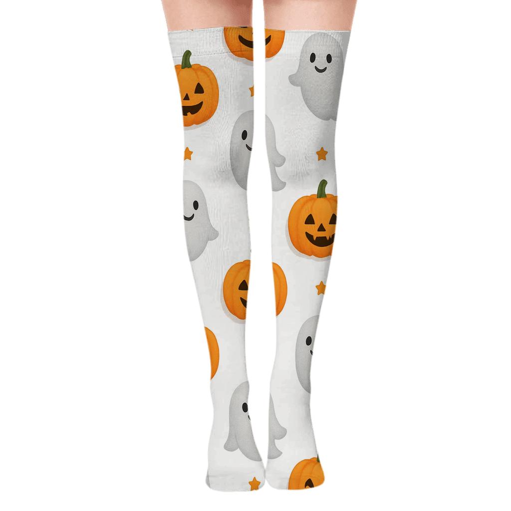Ghost And Pumpkin Alternating Grid On White Background comfortable cotton over-the-knee socks