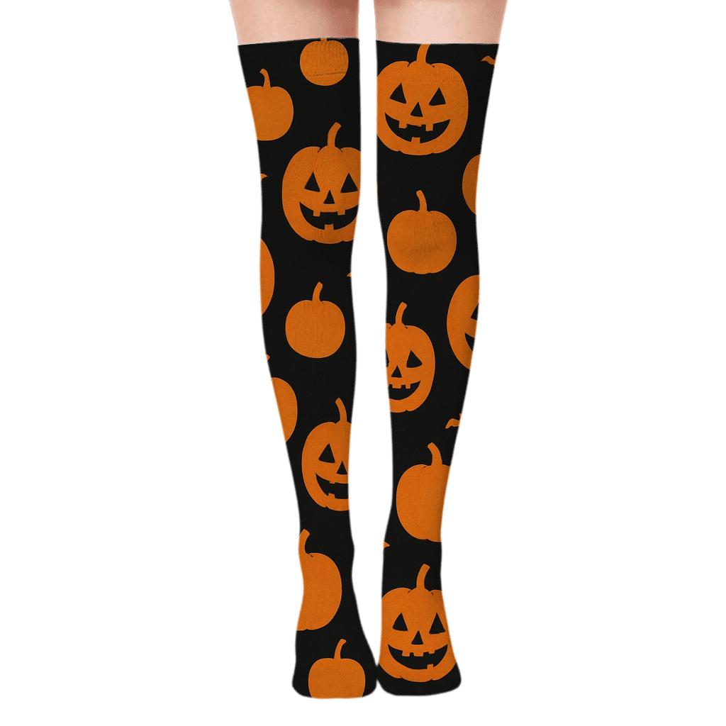 Pumpkin Silhouette Scatter On Black Background personalized over-the-knee socks