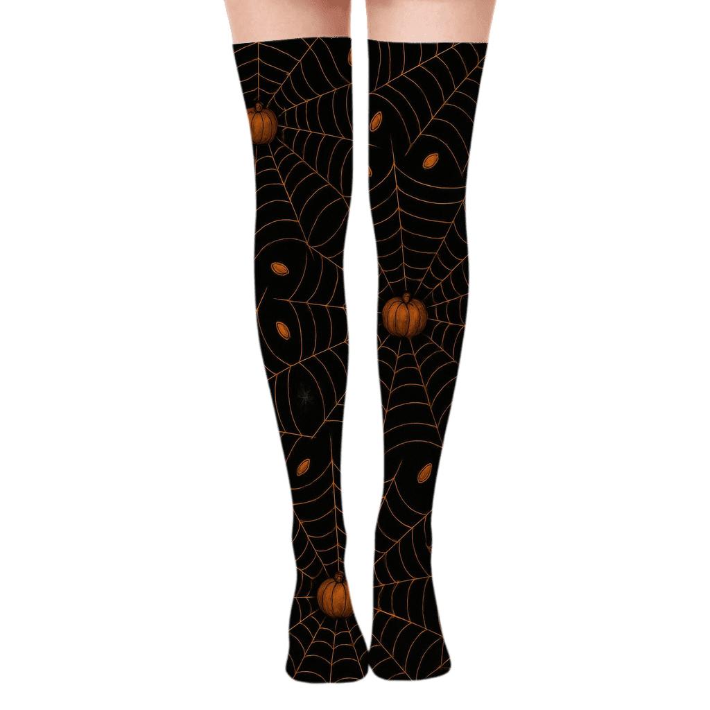 Spider Web Overlay With Pumpkin Pips On Black Background custom over-the-knee socks