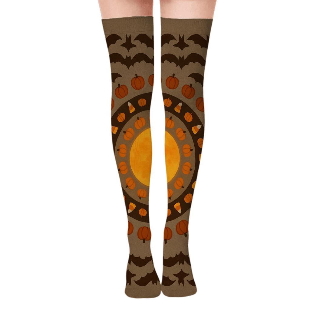 Harvest Moon Radial With Bat Borders On Taupe Background comfortable cotton over-the-knee socks