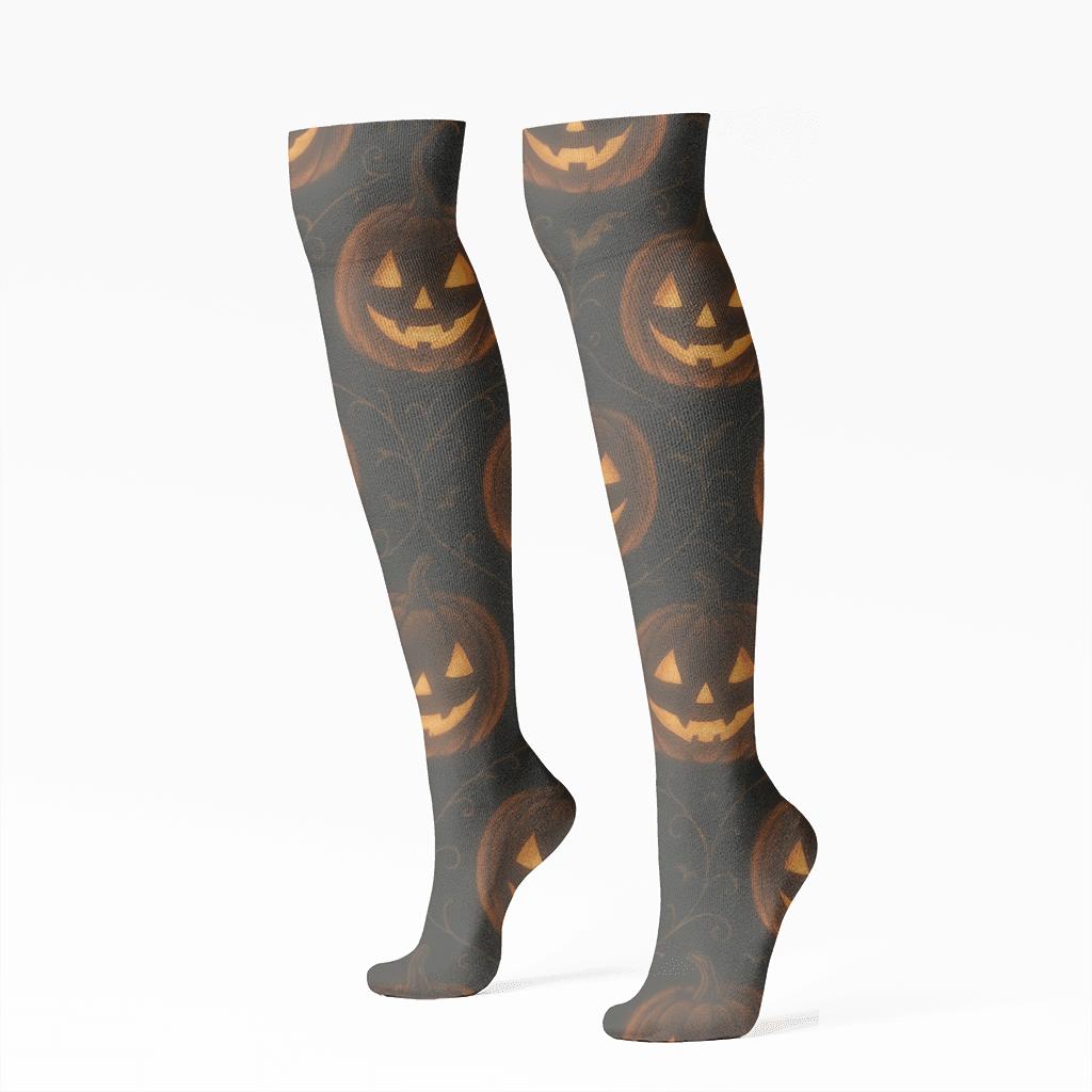 Glowing Pumpkin Tessellation On Black Background premium sports knee-high socks