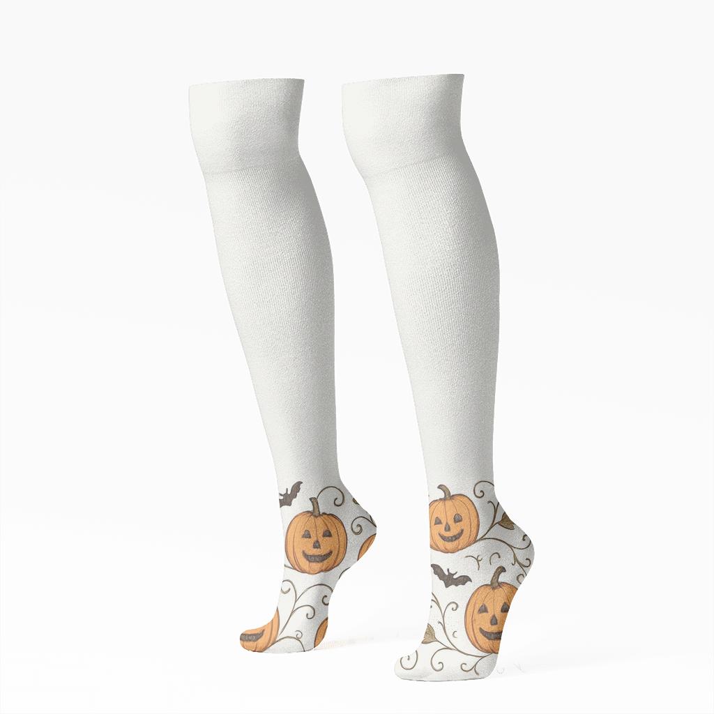 Carved Pumpkin Border Pattern On White Background designer print knee-high socks