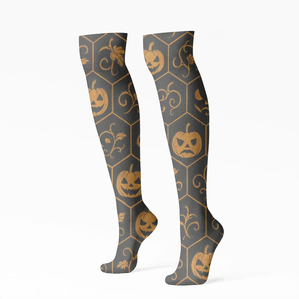 Pumpkin Hexagonal Tile On Black Background custom knee-high socks