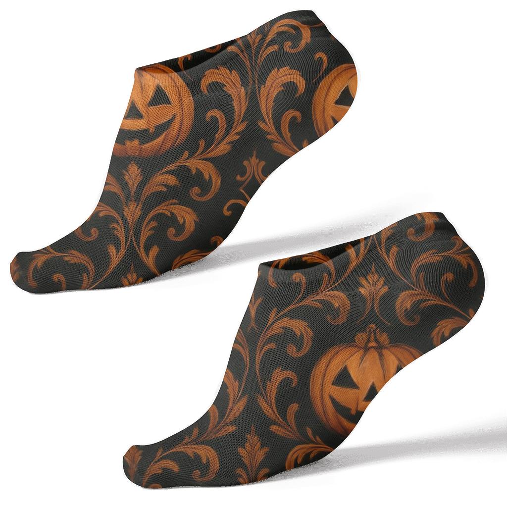 Pumpkin Damask Motif On Black Background premium sports ankle socks