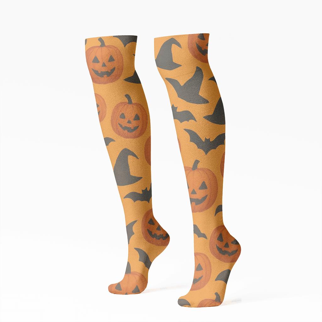 Jack O Lantern Cluster Pattern On Orange Background personalized knee-high socks