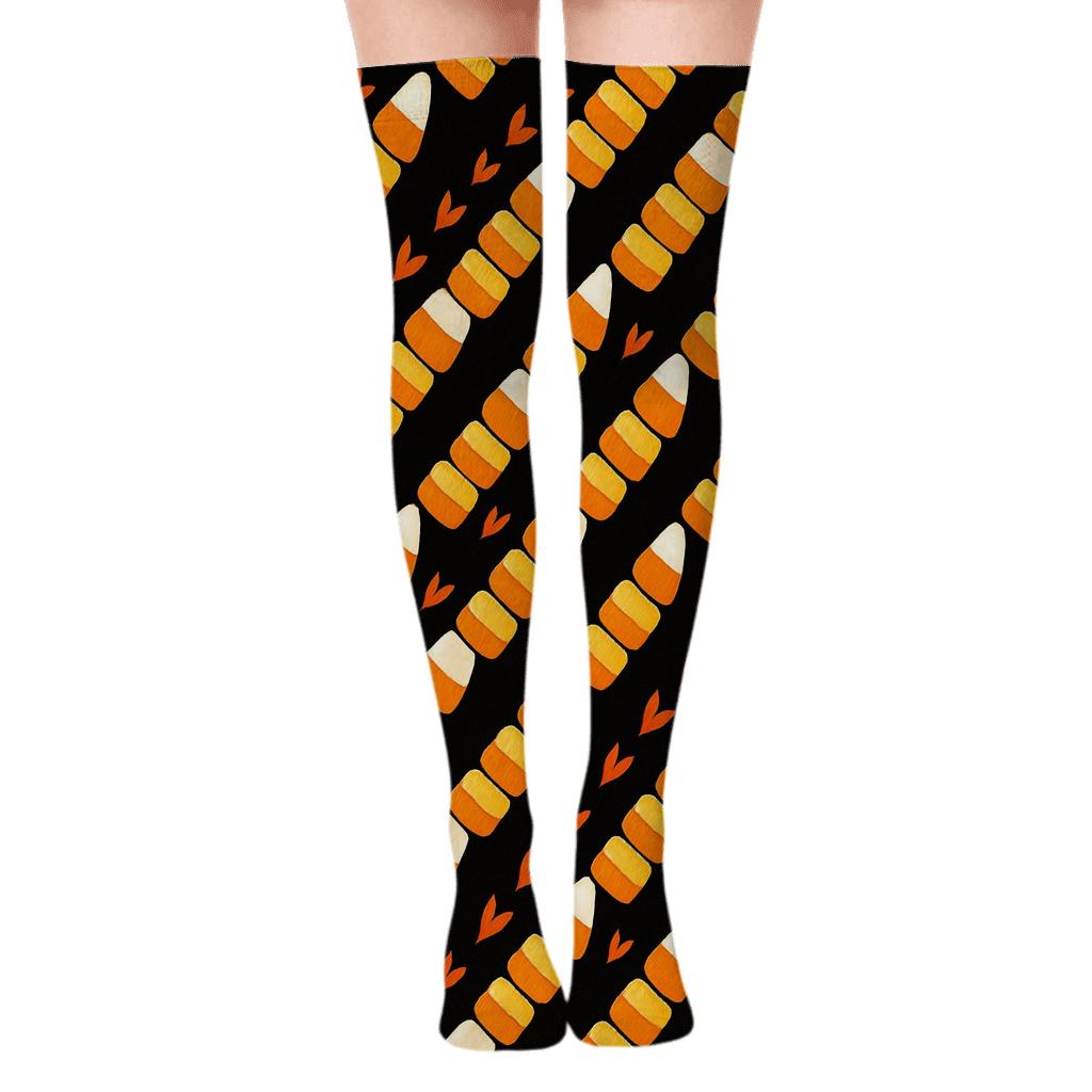 Orange Candy Corn Chevron On Black Background comfortable cotton over-the-knee socks