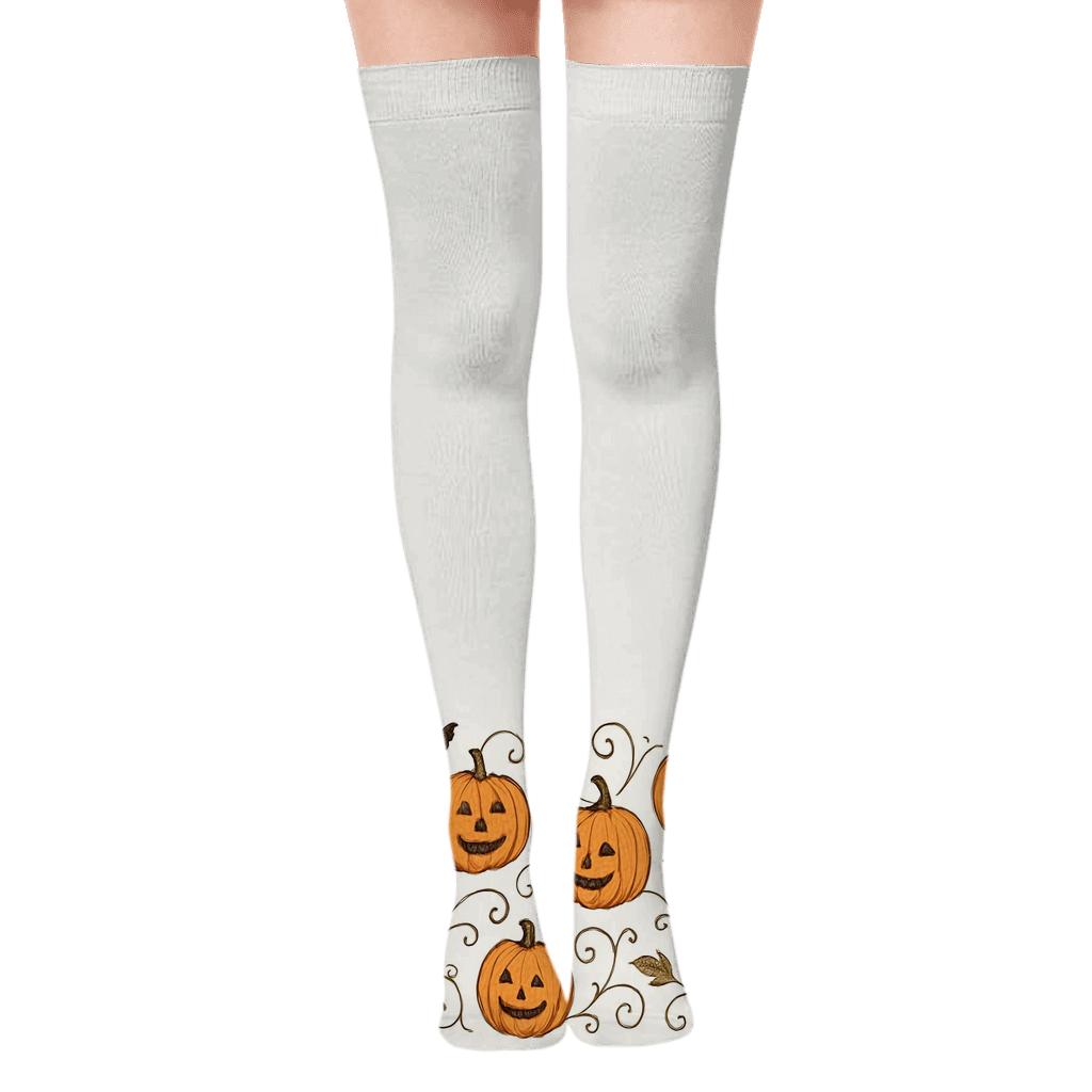 Carved Pumpkin Border Pattern On White Background designer print over-the-knee socks