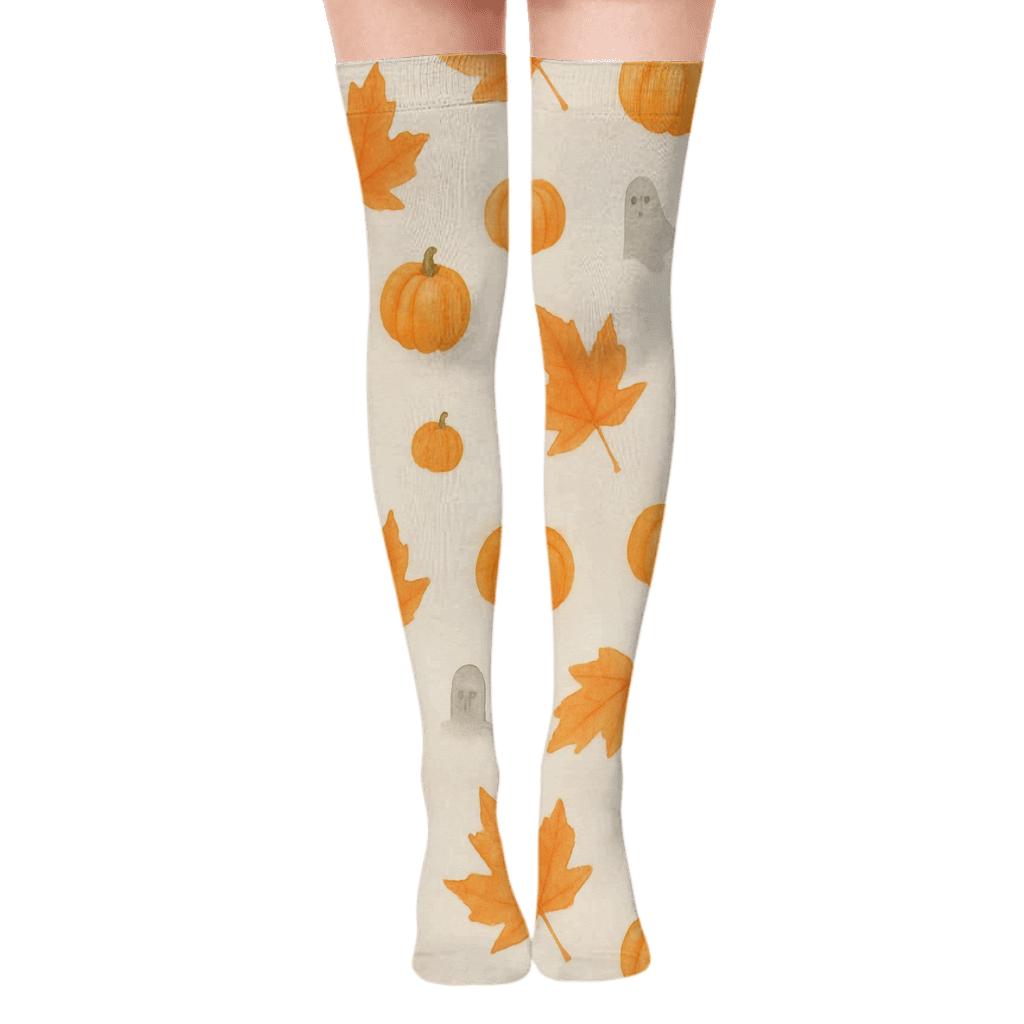 Autumn Leaf Scatter And Mini Pumpkins On Proper Background soft everyday over-the-knee socks