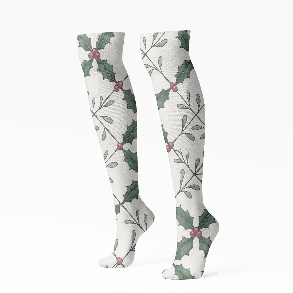 Holly Lattice On Snow White Field stylish athletic knee-high socks