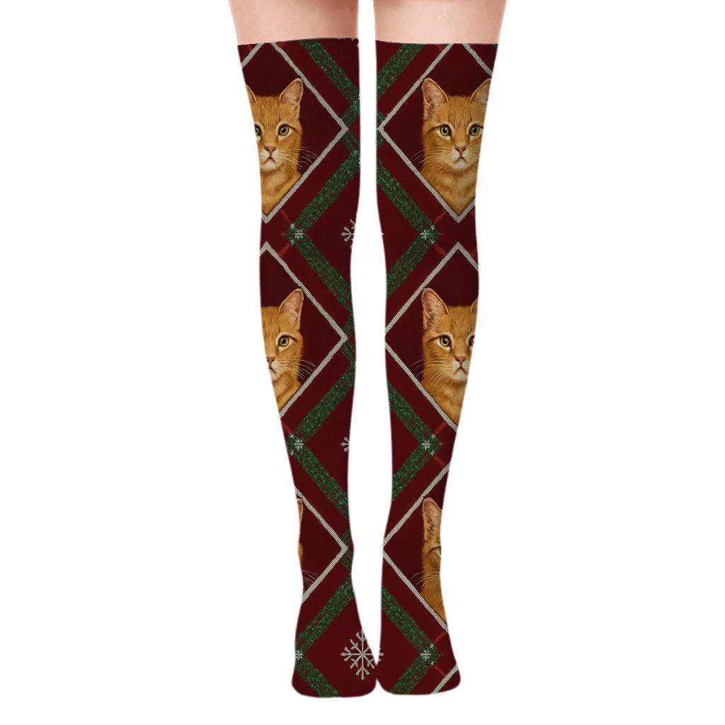 Tartan Tinsel Cat Lattice designer print over-the-knee socks