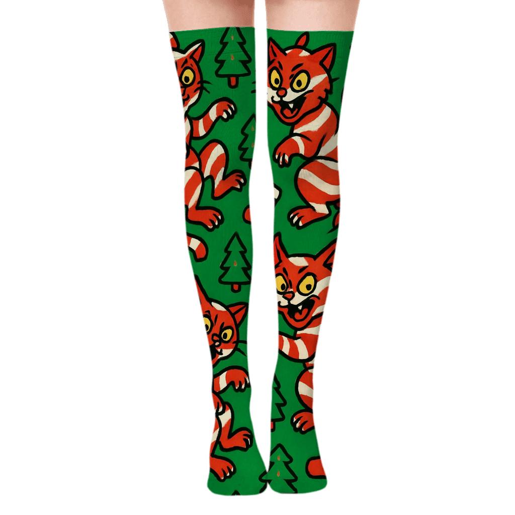 Candy Cane Cat Chaos premium cozy over-the-knee socks