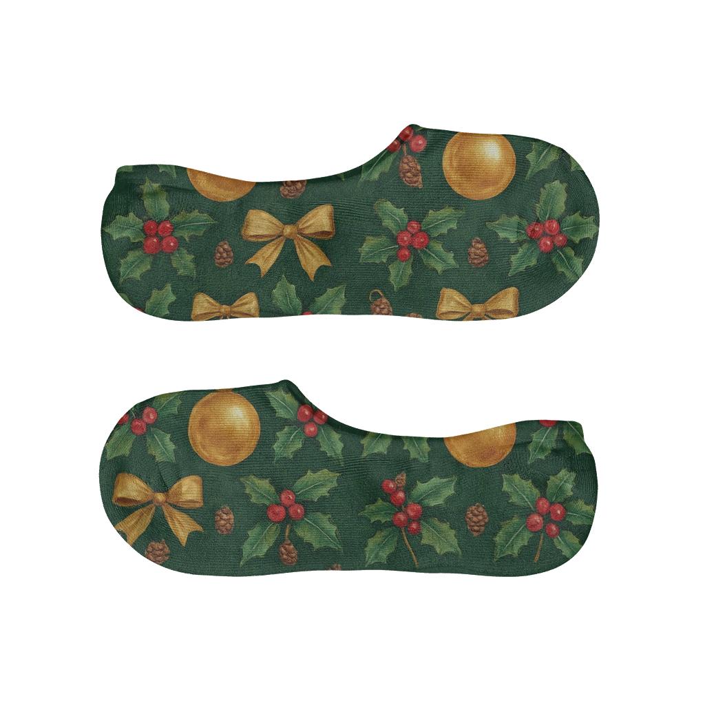 Evergreen Ornament Grid On Dark Green Background custom no-show socks