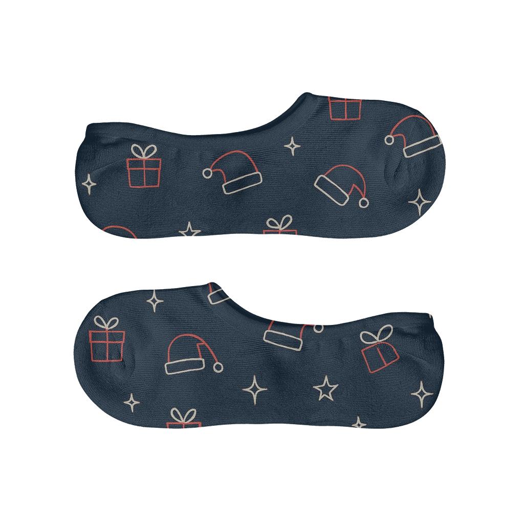 Santa Hat Scatter On Navy Blue Background personalized no-show socks