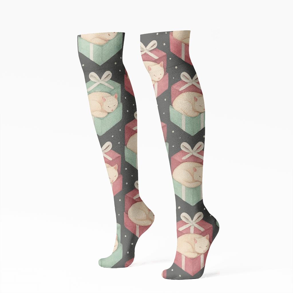 Sugarplum Night Box Cats Chevron unique graphic knee-high socks
