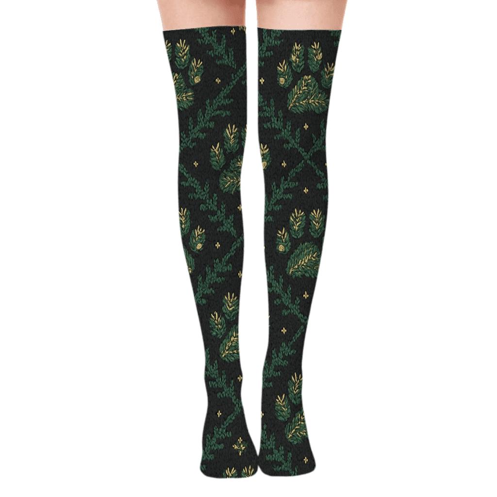 Evergreen Paw Lattice designer print over-the-knee socks