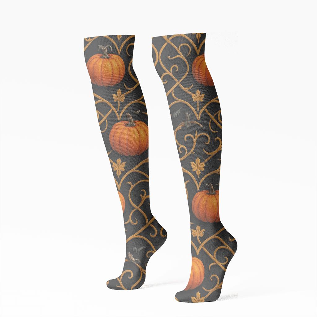 Pumpkin Vine Lattice On Black Background personalized knee-high socks