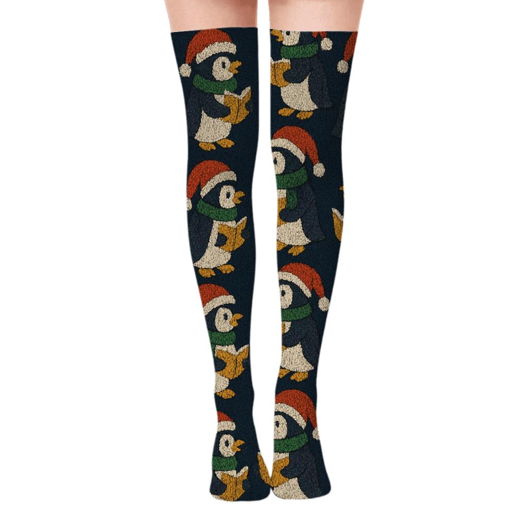Festive Penguin Chorus Grid unique graphic over-the-knee socks