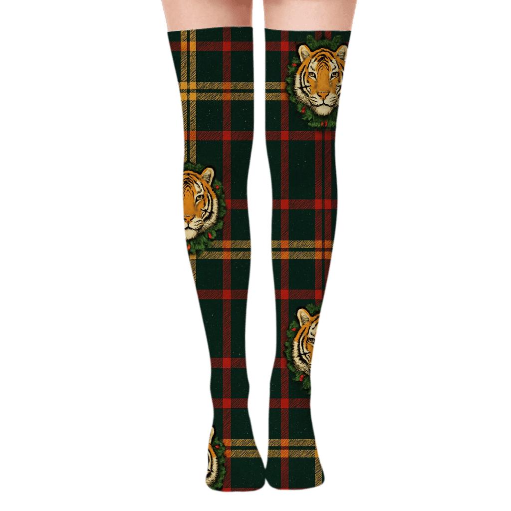 Festive Tiger Plaid Tartan premium cozy over-the-knee socks