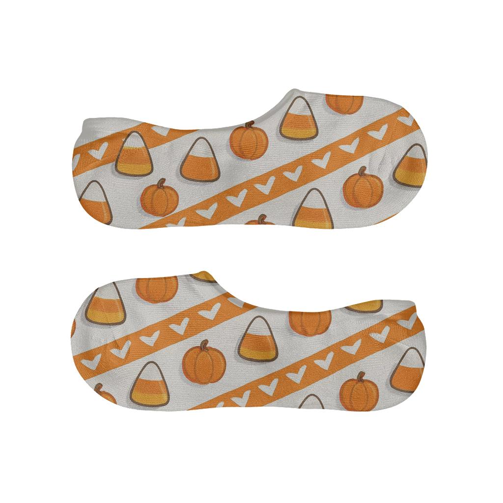Candy Corn Chevron With Pumpkin Accents On White Background designer printed no-show socks