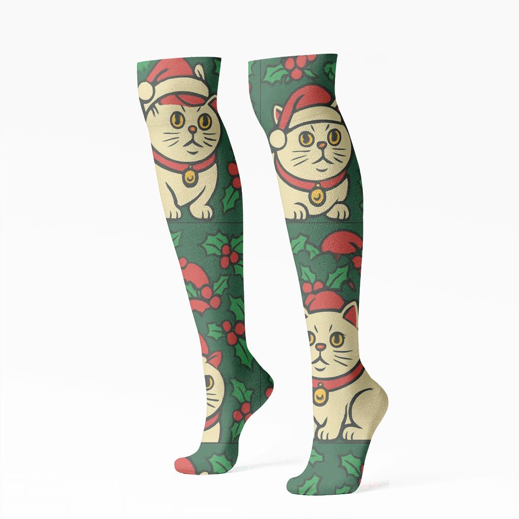 Festive Cat Carol Grid premium sports knee-high socks