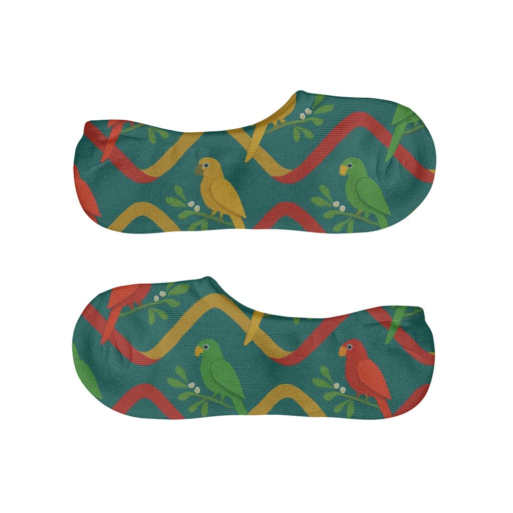 Tropical Parrot Mistletoe Wave On Teal anti-slip no-show socks