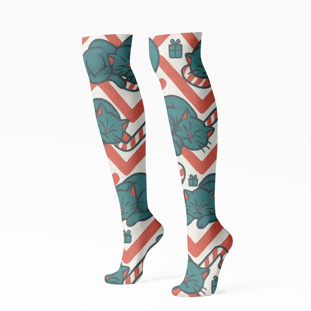 Candy Cane Cat Chevron designer print knee-high socks