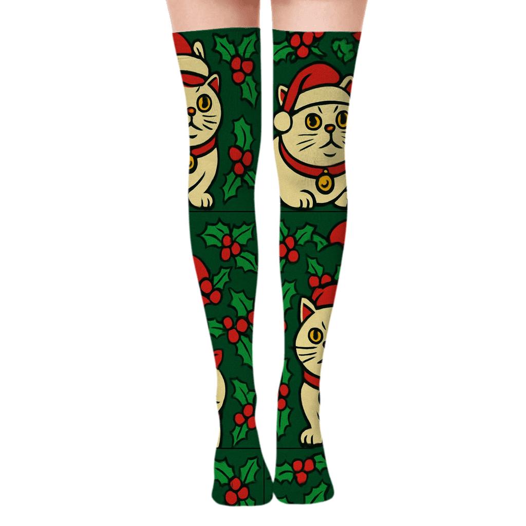 Festive Cat Carol Grid designer print over-the-knee socks