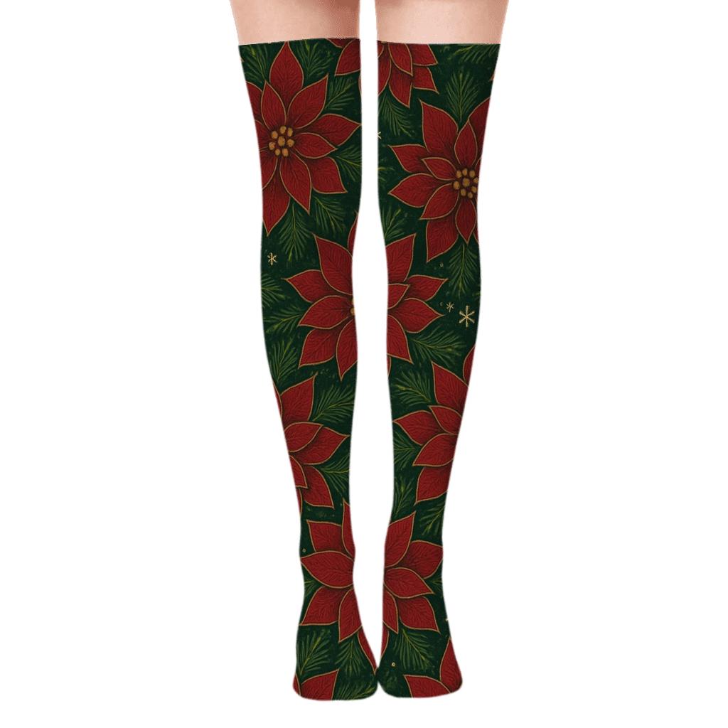Poinsettia Tessellation On Deep Green custom over-the-knee socks