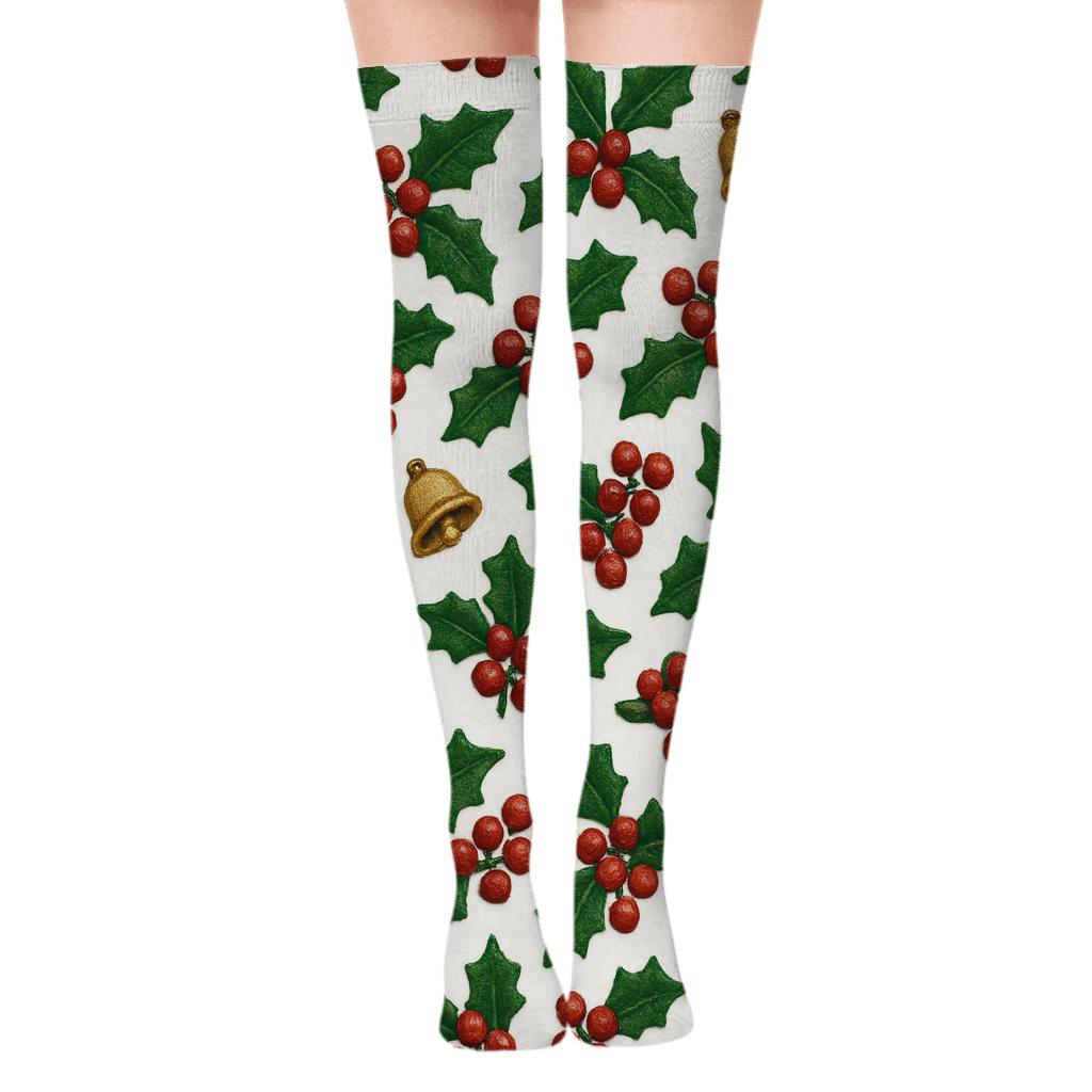 Holly Scatter On Snow White Field unique graphic over-the-knee socks