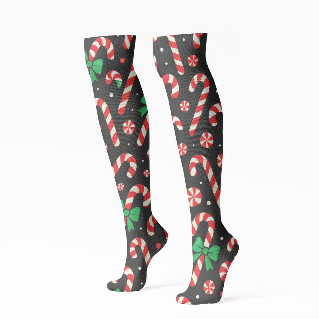 Candy Cane Scatter On Black custom knee-high socks