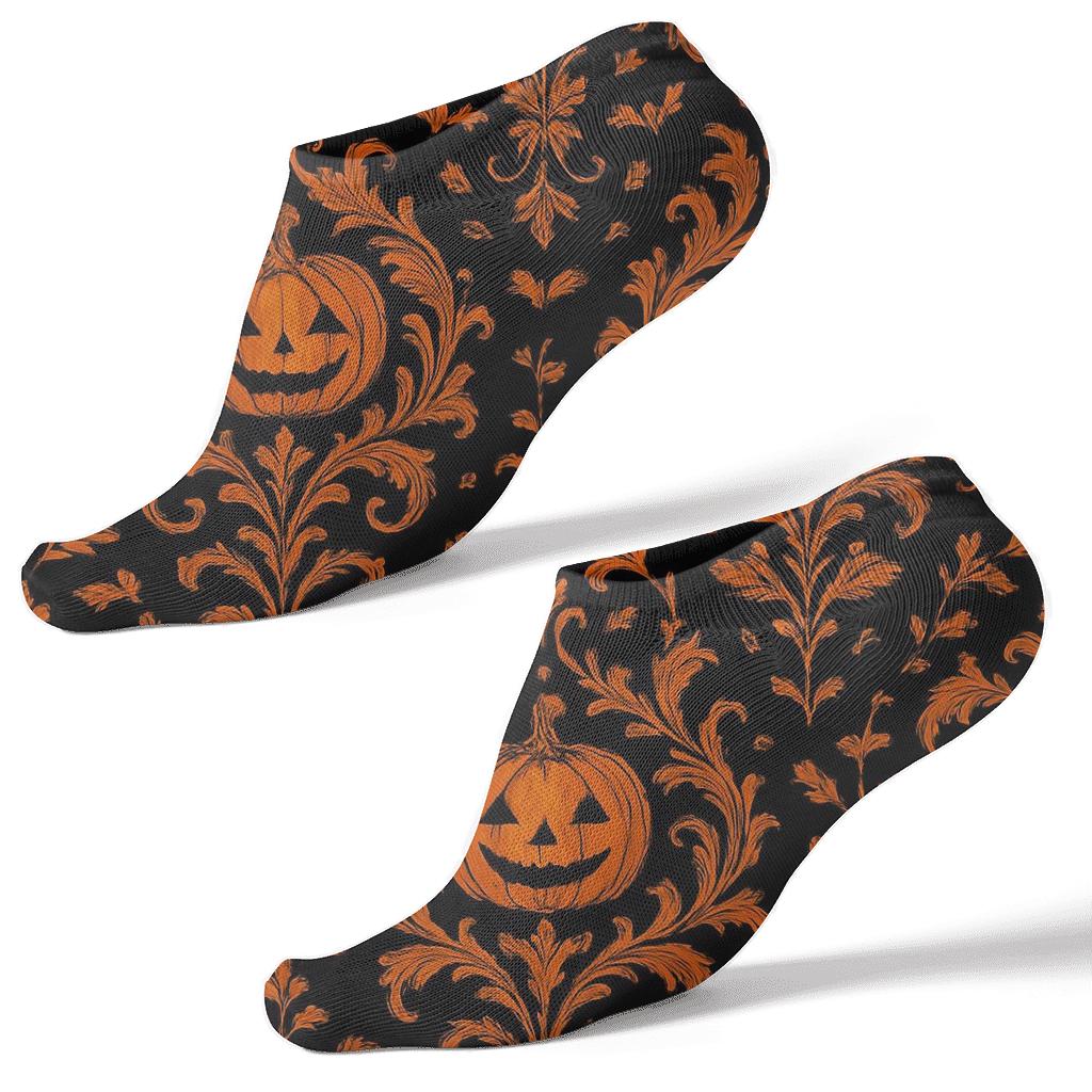 Pumpkin Damask Repeat On Black Background trendy patterned ankle socks
